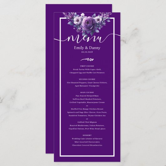 Royal violet élégant violet Mariage botanique Menu (Devant / Derrière)