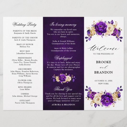 Royal violet violet or Mariage Tri-fold Programme (Devant)