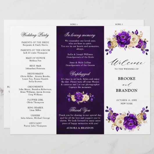 Royal violet violet or Mariage Tri-fold Programme (Devant / Derrière)