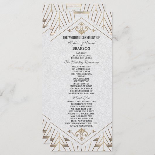 Royal White Gold Great Gatsby Programme de mariage (Devant / Derrière)