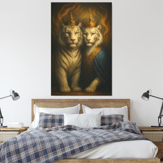 Royal White Tiger Couple – Flaming Crown Edition | Canvas Afdruk (Insitu (Slaapkamer))