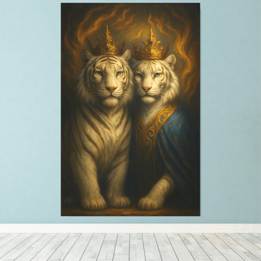 Royal White Tiger Couple – Flaming Crown Edition | Canvas Afdruk (Insitu (Houten vloer))