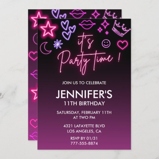 Roze 11e verjaardagsuitnodiging voor haar kinder n kaart (Voorkant / Achterkant)