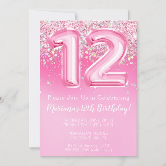 Roze 12e Verjaardag Uitnodiging Girly Pink Glitter (Voorkant)