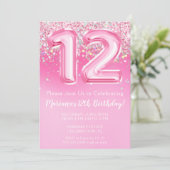 Roze 12e Verjaardag Uitnodiging Girly Pink Glitter (Staand voorkant)