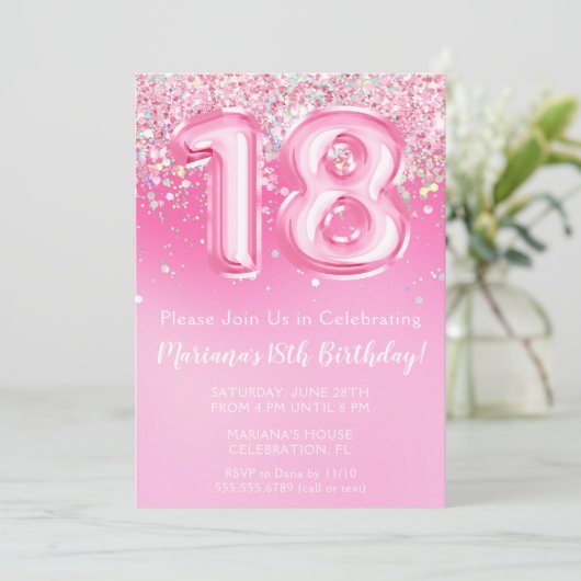 Roze 18e Verjaardag Uitnodiging Girly Pink Glitter