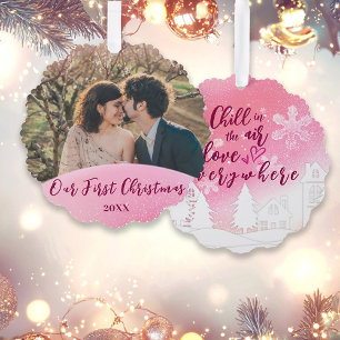 Roze 1e Kerstmis Samen Getrouwd Aangepaste Foto Ornament Kaart