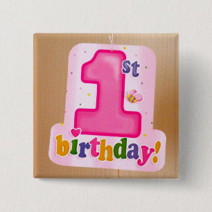 Roze 1e verjaardag Label op deur Vierkante Button 5,1 Cm