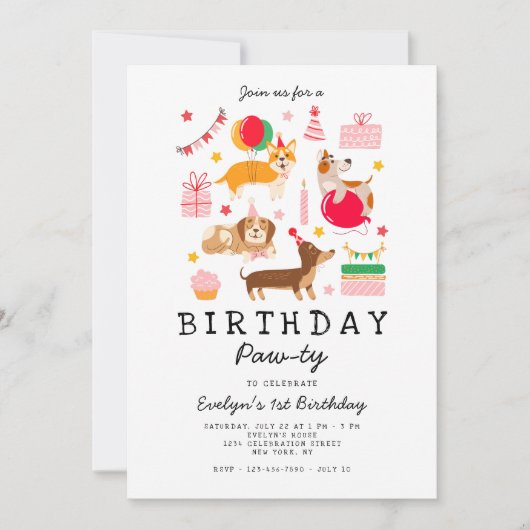 Roze 1e verjaardag Let's Pawty Party Uitnodiging (Voorkant)