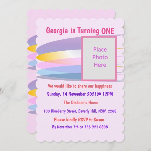 Roze 1e verjaardag Uitnodiging (Voorkant / Achterkant)