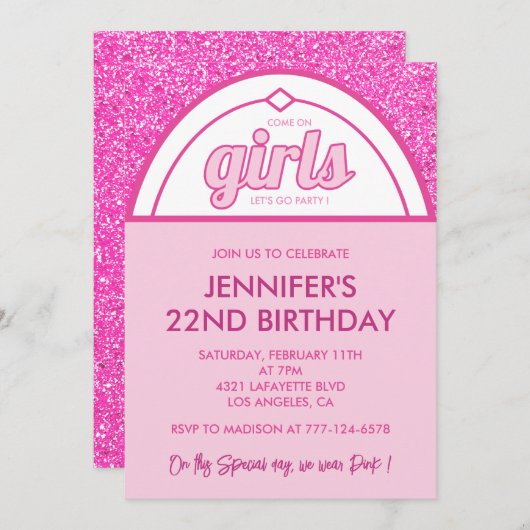 Roze 22e verjaardag uitnodigingen Glitter Girl (Voorkant / Achterkant)