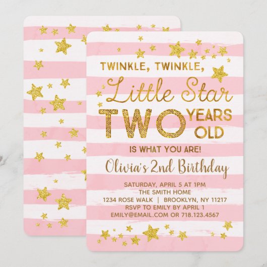 Roze 2e verjaardag Uitnodiging Twinkle Little Star (Voorkant / Achterkant)