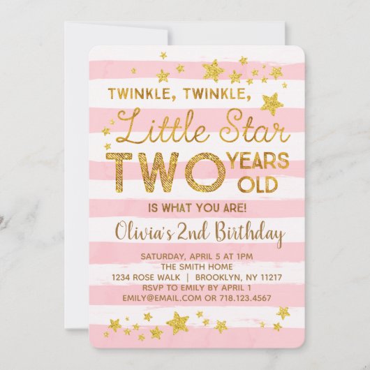 Roze 2e verjaardag Uitnodiging Twinkle Little Star (Voorkant)