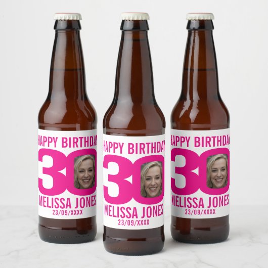 Roze 30e Verjaardag aangepaste foto naam label Bier Etiket (Flessen)