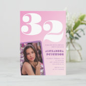 Roze 32e verjaardag uitnodigingen Retro Foto (Staand voorkant)