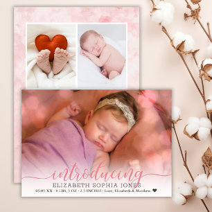 Roze 3 Foto Collage Birth Announcement Card Aankondiging