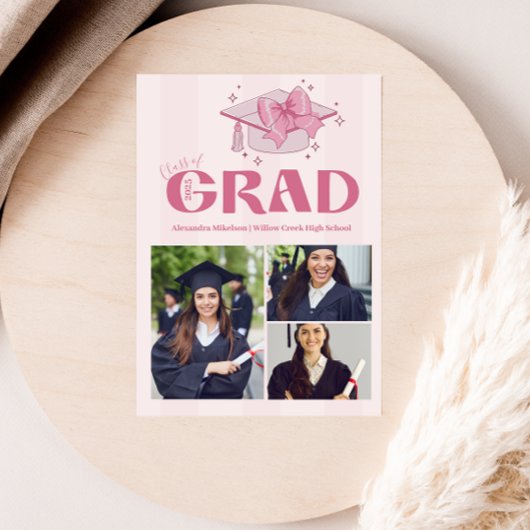 Roze 3 foto's Coquette Bow Afstudeerfeest Aankondiging