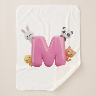 Roze 3D Letter M Kleine Sherpa Deken met Dieren