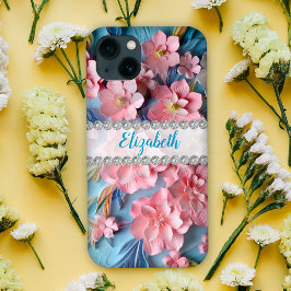 Roze 3D primroses, diamant lijst op maat iPhone 13 Hoesje
