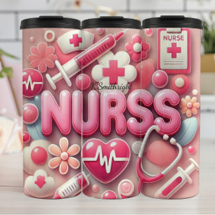 Roze 3D-verpleegster medische collage Thermosbeker