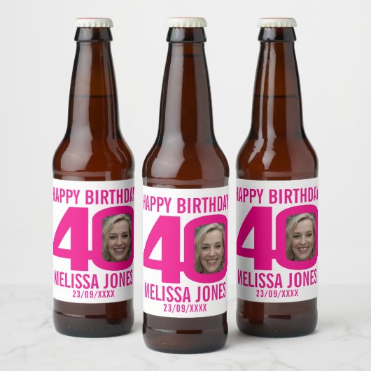 Roze 40th Verjaardag aangepaste foto naam label Bier Etiket (Flessen)