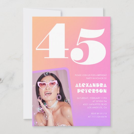 Roze 45e verjaardag uitnodigingen Retro Foto (Voorkant)