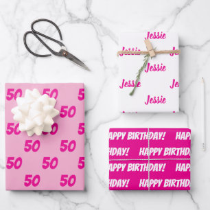 ROZE 50ste verjaardag Aangepaste naam Inpakpapier Vel