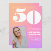 Roze 50ste verjaardag uitnodigingen Retro Foto (Voorkant / Achterkant)