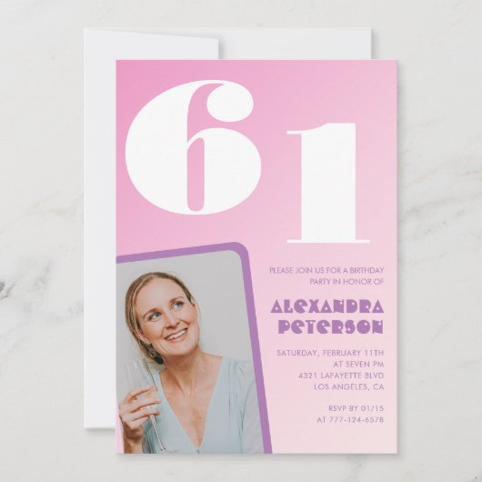 Roze 61e verjaardag uitnodigingen Retro Foto (Voorkant)
