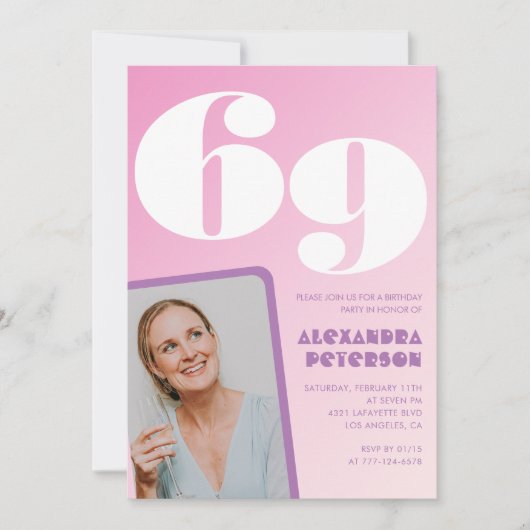 Roze 69ste verjaardag uitnodigingen Retro Foto (Voorkant)