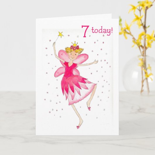 Roze 7-ste geboortedag kaart (Gele Bloem)