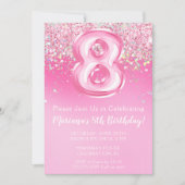 Roze 8e verjaardag uitnodiging Girly Pink Glitter (Voorkant)