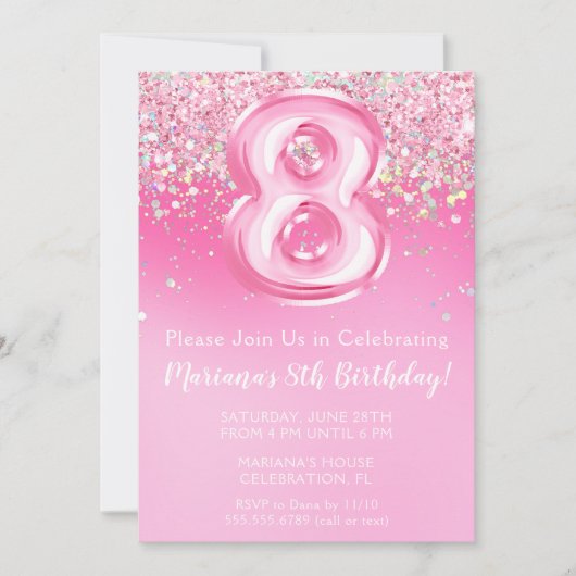 Roze 8e verjaardag uitnodiging Girly Pink Glitter (Voorkant)