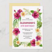 Roze 8e verjaardag uitnodigingen Tropical Party Lu (Voorkant / Achterkant)