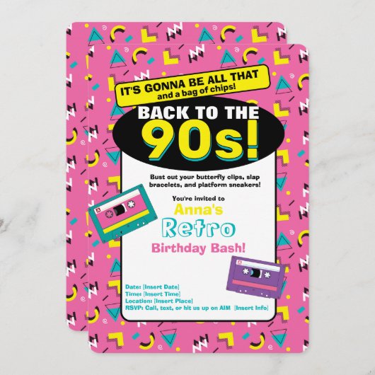 Roze 90's uitnodiging (Voorkant / Achterkant)