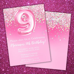 Roze 9e Verjaardag Uitnodiging Girly Pink Glitter