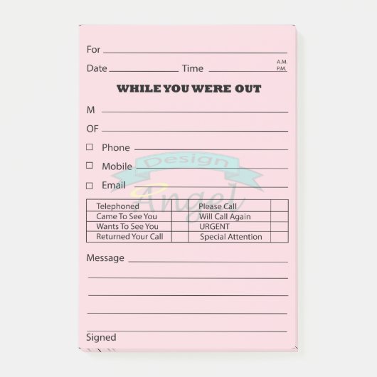 Roze Aangepast Logo Watermerk Telefoon Bericht Pos Post-it® Notes (Voorkant)