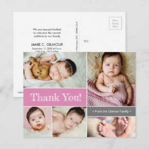 Roze aangepaste geboorteaankondiging baby bedankt briefkaart