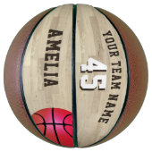Roze aangepaste teamnaam nummer houten vloer basketbal (Verticaal)
