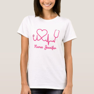 Roze aangepaste verpleegster Stethoscoop Heart Lif T-shirt