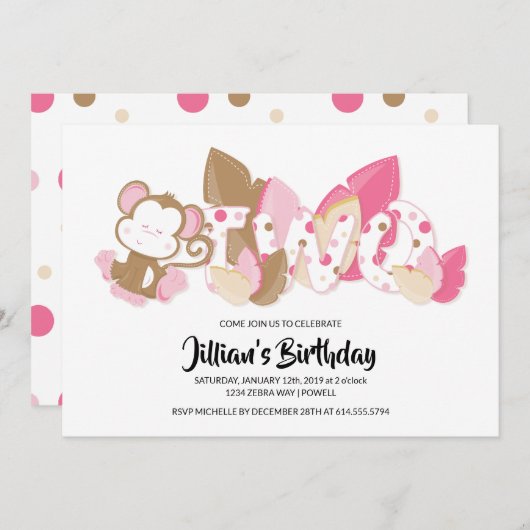 Roze aap tweede uitnodiging van de tweede verjaard (Voorkant / Achterkant)