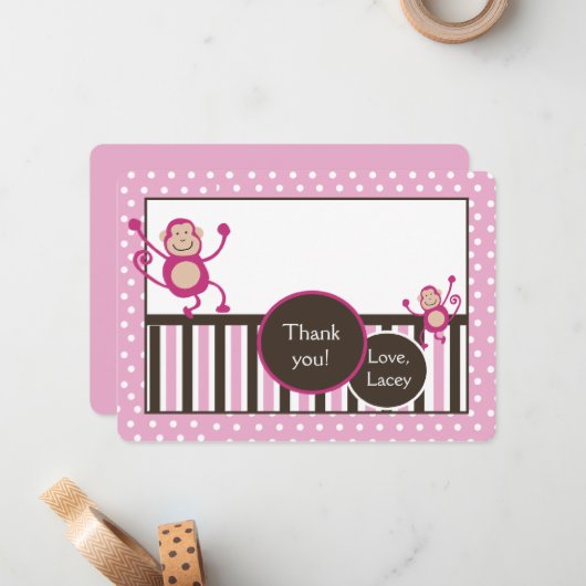Roze aap verjaardag Dank je wel! Notitiekaartje (Voorkant / Achterkant in situ)