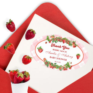 Roze aardbei baby shower bedank sticker