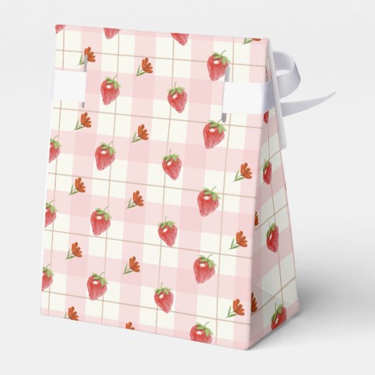 Roze aardbei bessen zoete gingham Baby shower Bedankdoosjes (Achterkant)