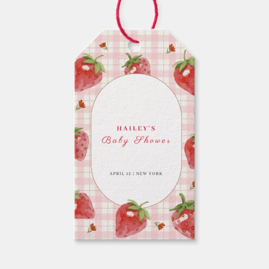Roze aardbei bessen zoete gingham Baby shower Cadeaulabel (Voorkant)