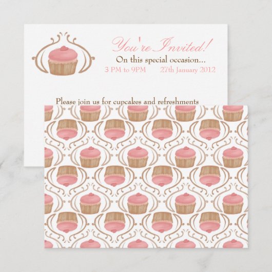Roze aardbei Champagne Cupcakes Invitation Kaart (Voorkant / Achterkant)