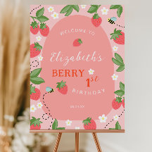 Roze Aardbei Eerste Verjaardag Welkomstbord