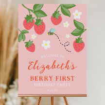 Roze Aardbei Eerste Verjaardag Welkomstbord