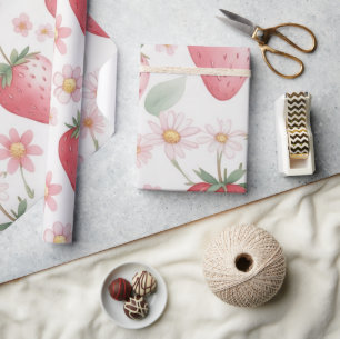 Roze Aardbeibloemen Verjaardagsfeestje voor haar Cadeaupapier
