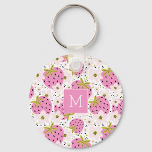 Roze aardbeien Aangepast monogram Sleutelhanger